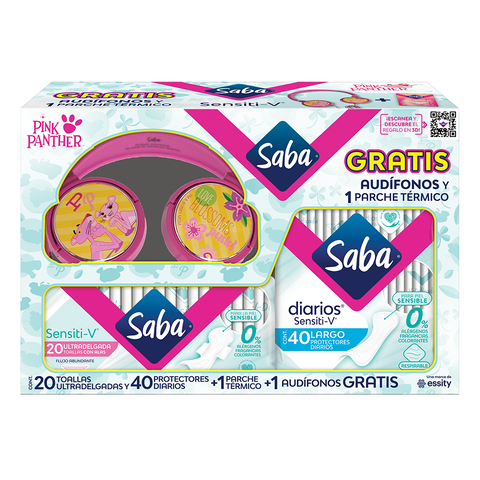 Kit Saba Sensitiv Toallas + Protectores diarios + Audifonos Pink Panther